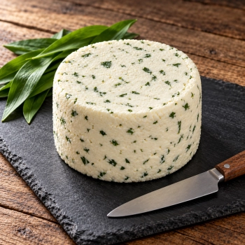 Niewędzony ser z czosnkiem niedźwiedzim 2,5kg na ciemnej płycie łupkowej z liśćmi i nożem.